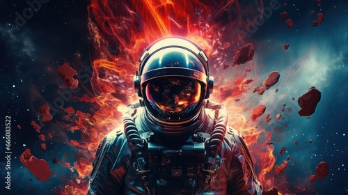  a man in a space suit standing in front of a explosion of rocks. generative ai