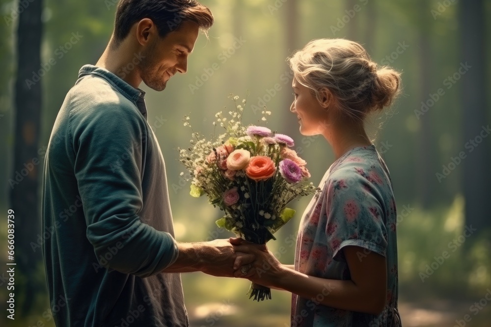 Man giving a bouquet of flowers to a woman Generative Ai