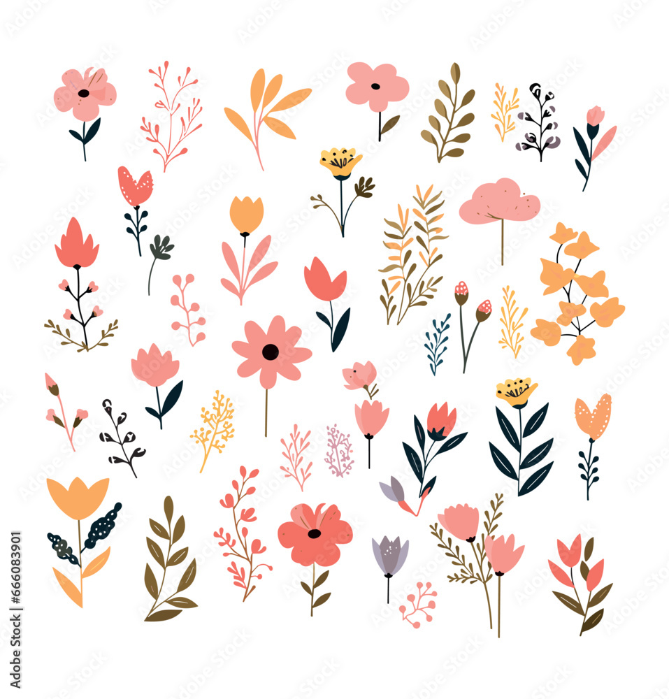 Fototapeta premium Set of hand drawn flowers and leaves. Vector illustration