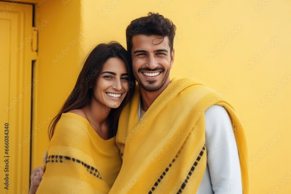 Fototapeta premium happy couple in typical moroccan tunic standing in a typical moroccan street, travel concept,