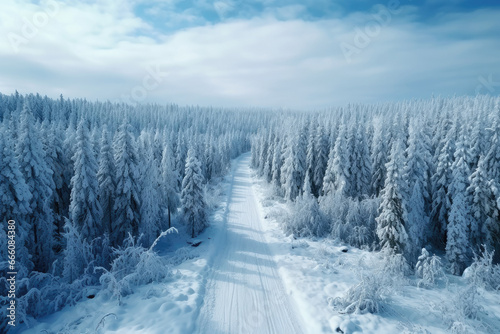Road among snow-covered trees in the mountains