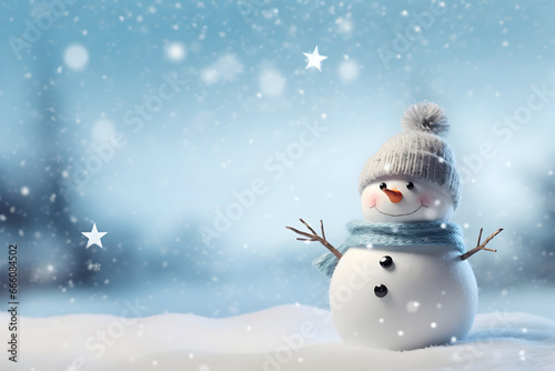 Happy snowman in snow scene. Postcard design or winter header with copy space