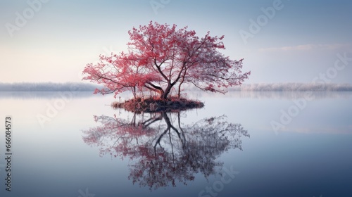  a lone tree is reflected in the still water of a lake.  generative ai © Anna
