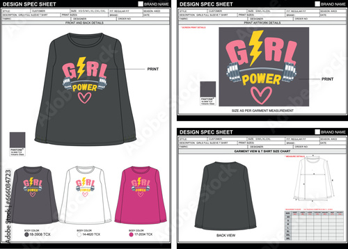 GIRLS LONG SLEEVE GIRL POWER FUNNY GYM STREETWEAR VECTOR DIGITAL DTG DTF HEAT TRANSFER STICKER SUBLIMATION PRINT T SHIRT TECHPACK MEASUREMENT LAYOUT TEMPLATE DESIGN
