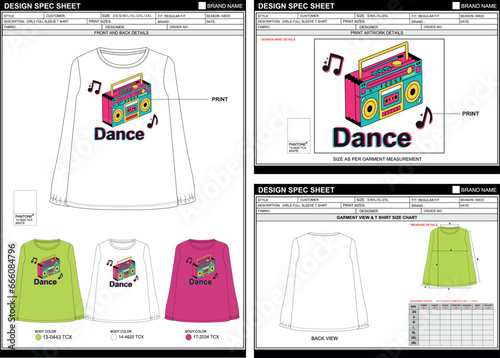GIRLS LONG SLEEVE TAPE DANCE STREETWEAR VECTOR DIGITAL DTG DTF HEAT TRANSFER STICKER SUBLIMATION PRINT T SHIRT TECHPACK MEASUREMENT LAYOUT TEMPLATE DESIGN