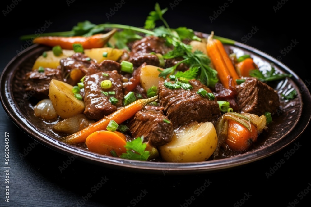 Savory Beef stew vegetables sauce. Meal recipe. Generate Ai