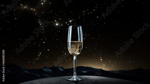  a glass of champagne sitting on top of a black table.  generative ai