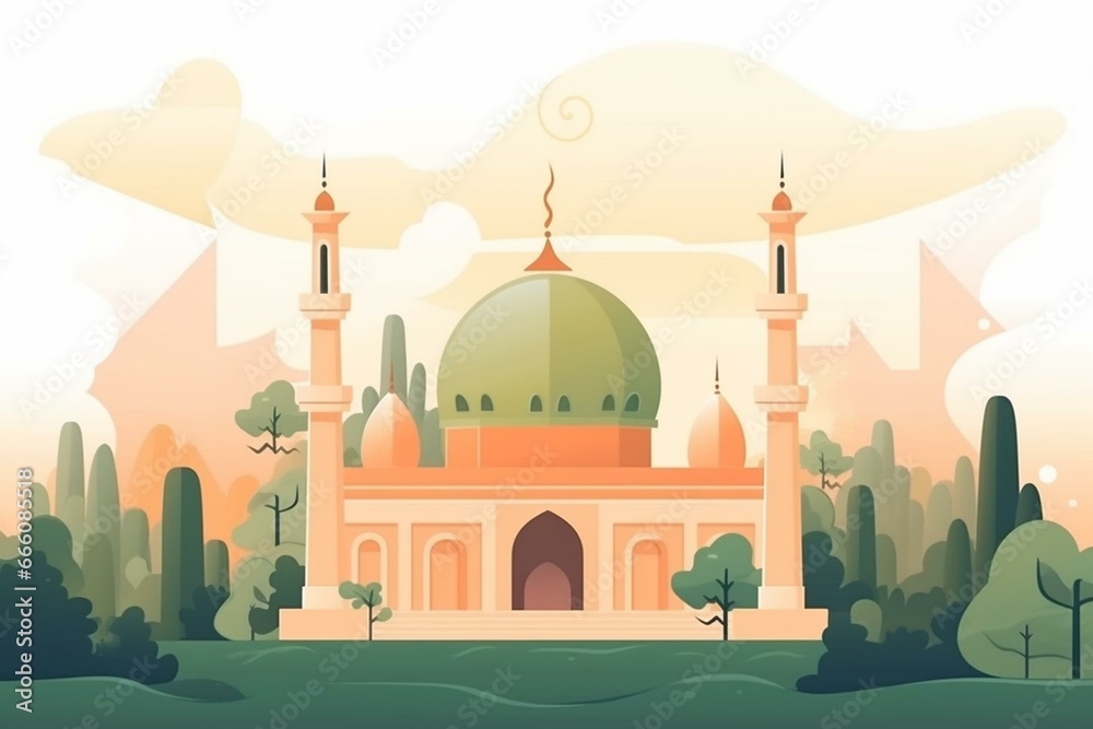 Flat illustration of mosque painting in hurufiyya style. Generative AI