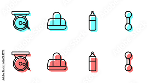 Set line Punching bag, Boxing gong, Sport and Dumbbell icon. Vector