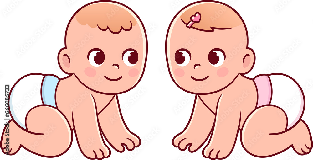 Cute cartoon drawing of crawling baby boy and girl. Baby gender color on diapers. Clip art illustration. Cute cartoon drawing of crawling baby boy and girl. Baby gender color on diapers. Clip art illustration.
