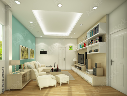 Fototapeta Naklejka Na Ścianę i Meble -  3d render illustratio Family entertainment room, watching movies, listening to music. build relationships in the home.