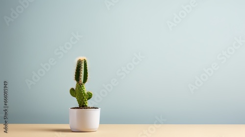  a small cactus in a white pot on a wooden table. generative ai