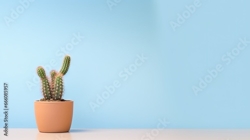  a cactus in a pot on a table against a blue wall. generative ai