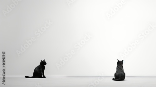  two black cats sitting on the floor looking at each other.  generative ai © Anna