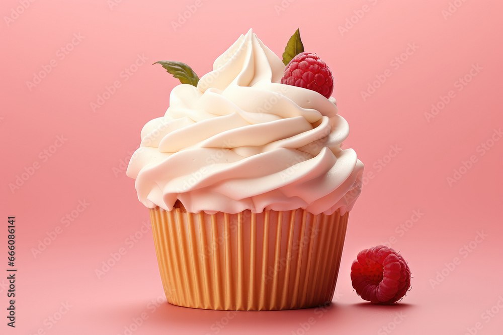 Cupcake with raspberries on a pink background
