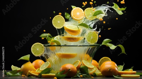  a glass filled with oranges and limes on top of a table.  generative ai