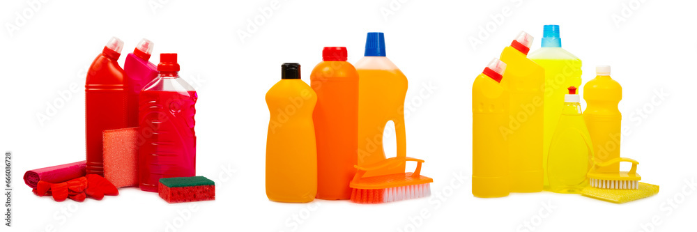 Bottles with various detergents isolated on a white background. Cleaning supplies.household cleaning tools and floor supplies.Cleaning agent for windows, toilets and plumbing fixtures. Bottles with various detergents isolated on a white background. Cleaning supplies.household cleaning tools and floor supplies.Cleaning agent for windows, toilets and plumbing fixtures.