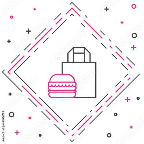 Line Online ordering and burger delivery icon isolated on white background. Colorful outline concept. Vector Illustration