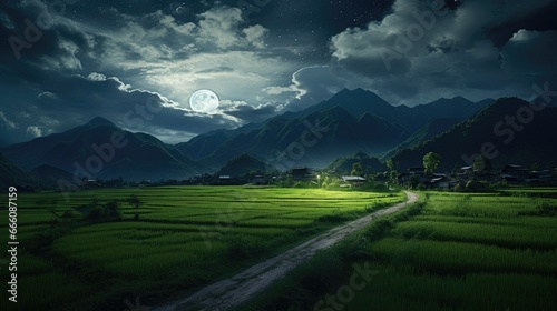  a lush green field under a full moon with a dirt road running through it. generative ai