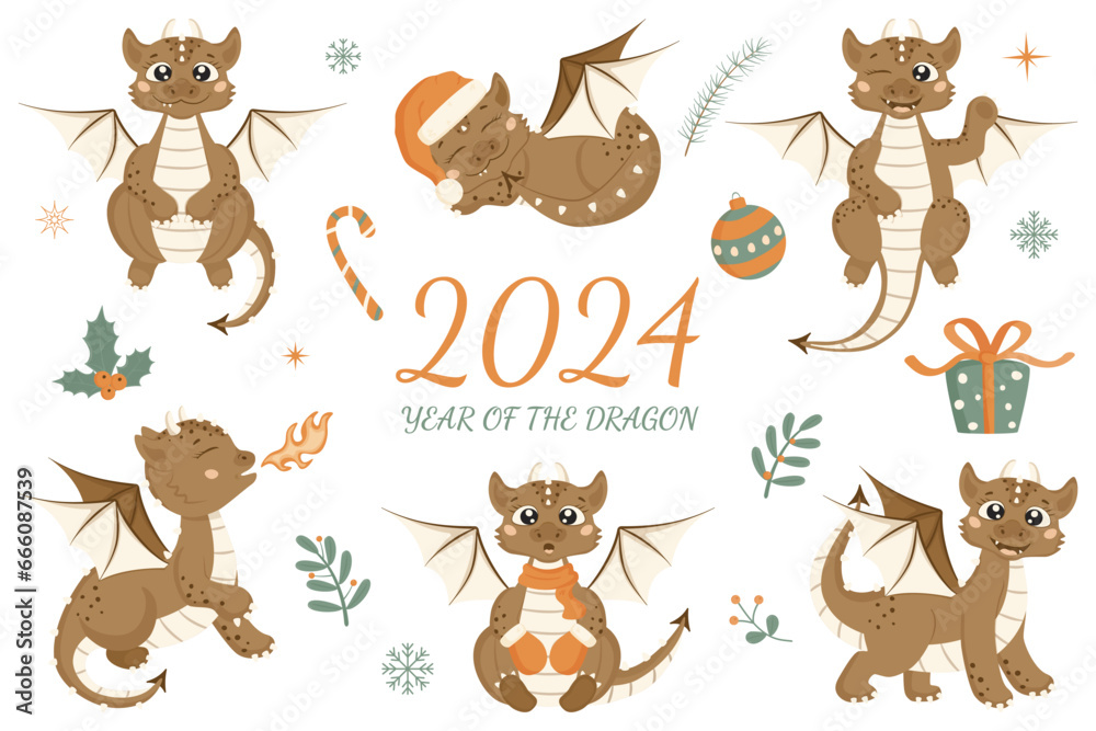 Fototapeta premium Christmas set in cartoon style. Cute dragons in different poses.