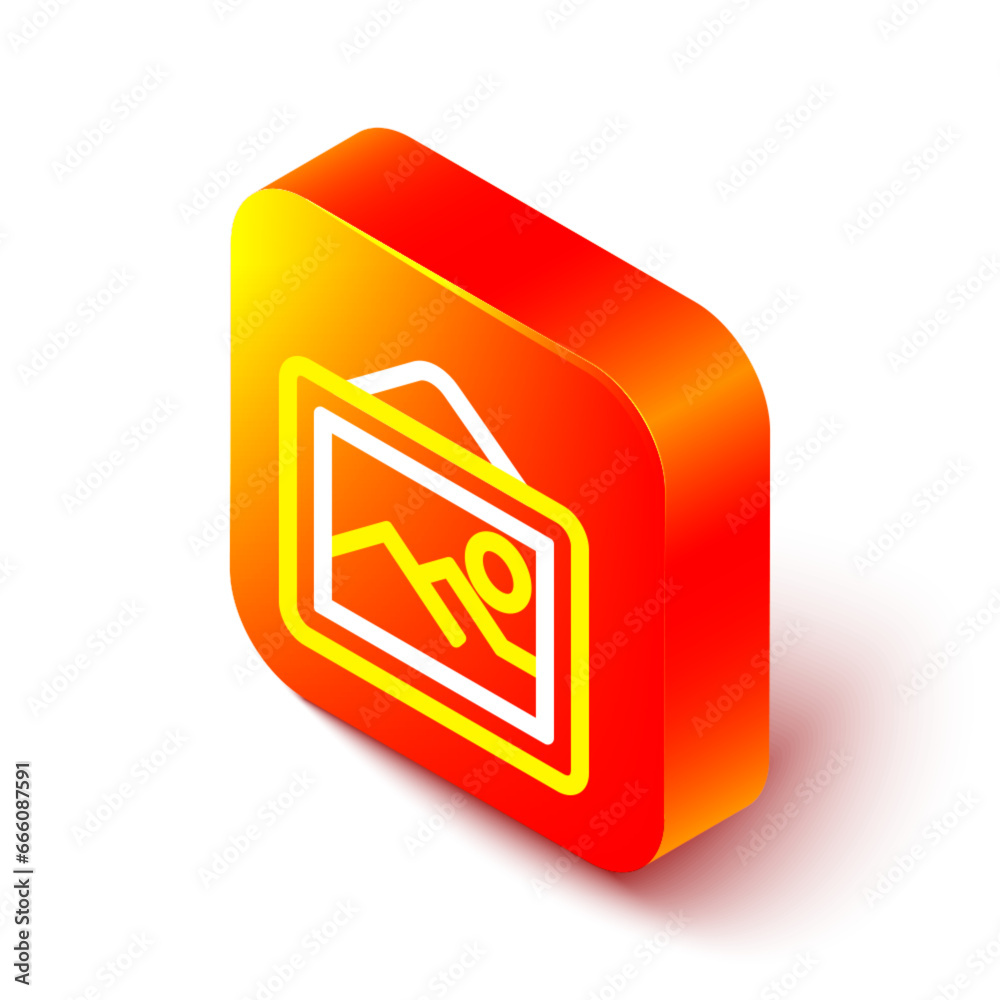 Isometric line Picture landscape icon isolated on white background. Orange square button. Vector Isometric line Picture landscape icon isolated on white background. Orange square button. Vector