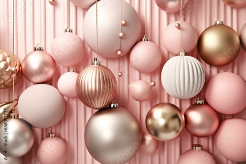 Festive ornaments. Elegant blush and metallic holiday backdrop. Generative AI