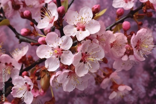 Closeup of plum blossom, banner & background of spring flowers, pollination concept. Generative AI