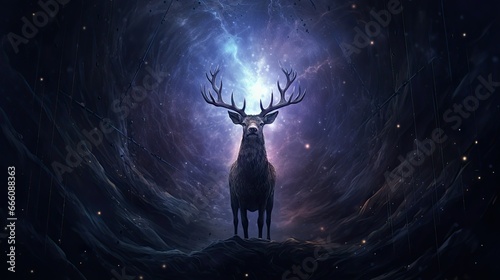  a deer standing in the middle of a tunnel with stars. generative ai