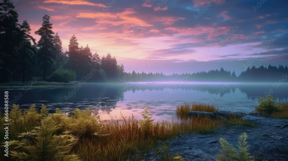 Fototapeta premium Tranquil Misty Sunrise Over Lake 