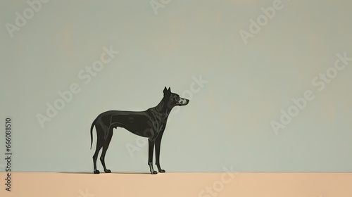  a black dog standing on top of a sandy beach next to a blue sky.  generative ai
