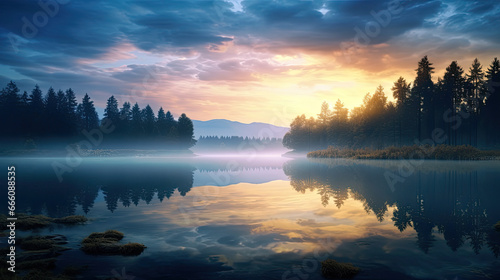 Tranquil Misty Sunrise Over Lake 