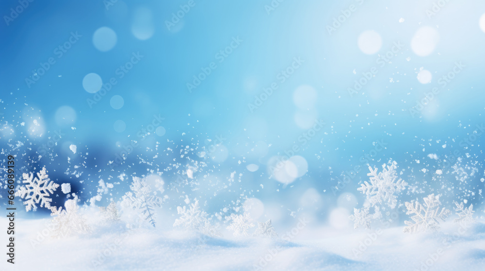 snowy blue christmas background with snowflakes 