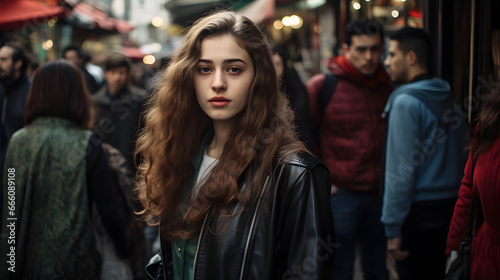Portrait of beautiful young woman standing on city street among people © AspctStyle