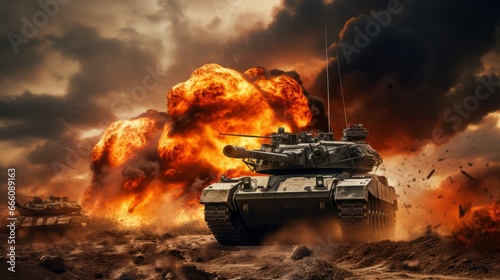 A modern tank in the middle of the battlefield, explosions, fog, war photo