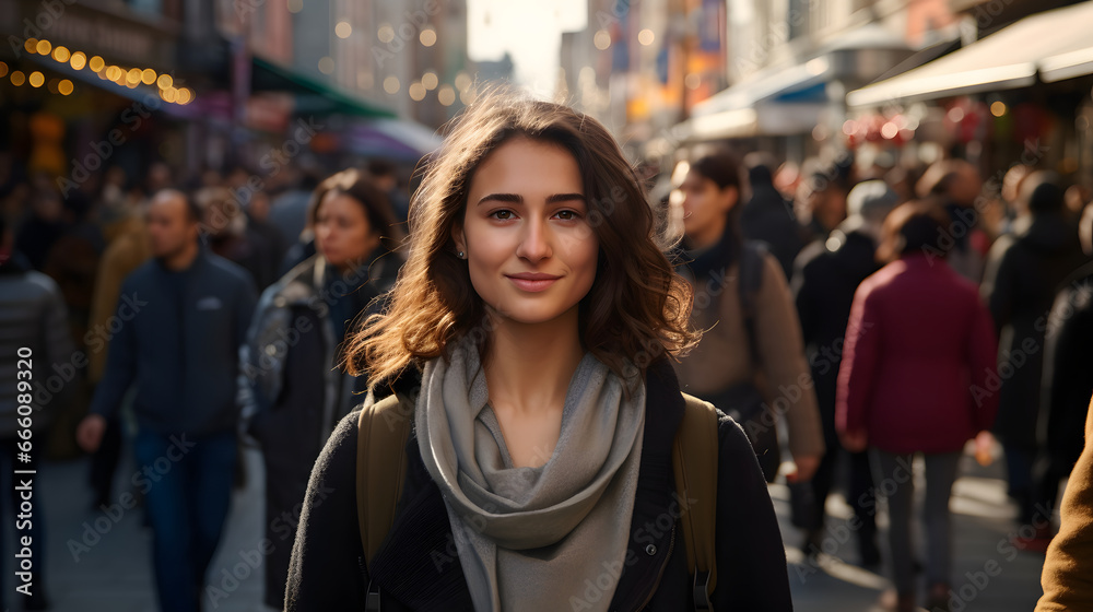 Portrait of beautiful woman standing on city street among people