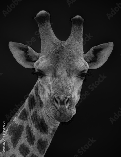 portrait of a sceptical southern giraffe in black and white
