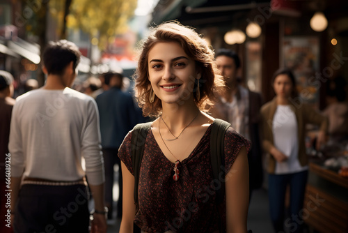 Portrait of beautiful young woman standing on city street among people