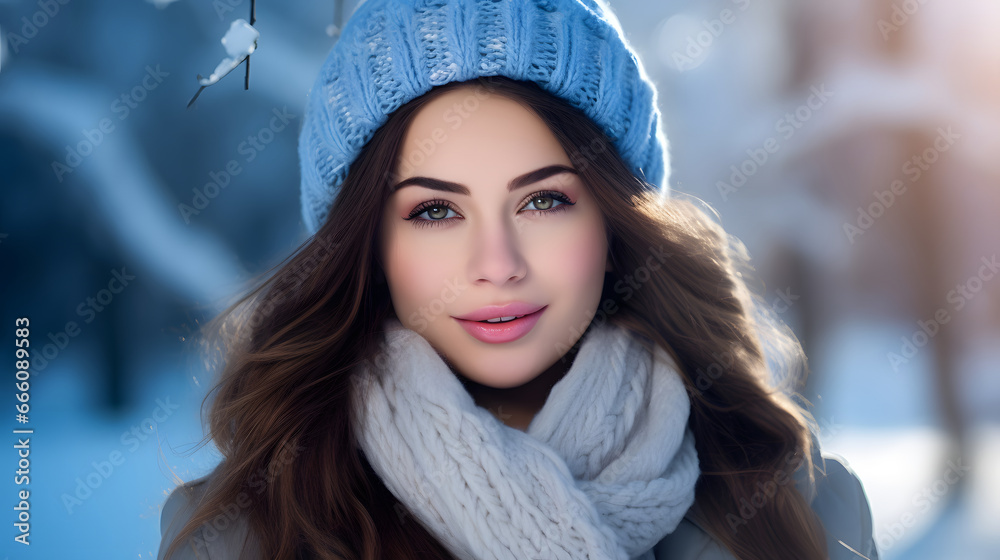 Portrait of beautiful young woman in winter time outdoor, trendy woman dressed in warm stylish clothes enjoying frosty sunny at winter snow park Portrait of beautiful young woman in winter time outdoor, trendy woman dressed in warm stylish clothes enjoying frosty sunny at winter snow park