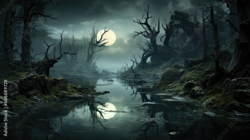 a painting of a swampy area with a full moon in the background. generative ai a painting of a swampy area with a full moon in the background. generative ai