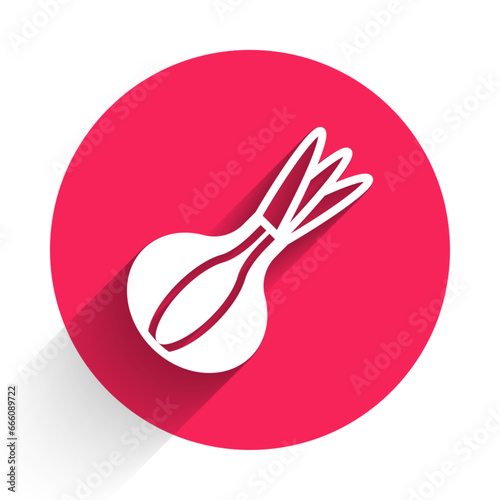 White Onion icon isolated with long shadow background. Red circle button. Vector