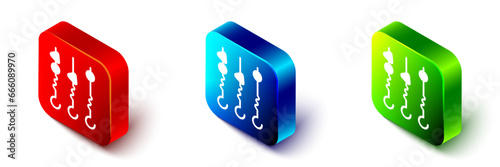 Isometric Grilled shish kebab on skewer stick icon isolated on white background. Meat kebab on skewer stick. Picnic with grilled meat. Red, blue and green square button. Vector