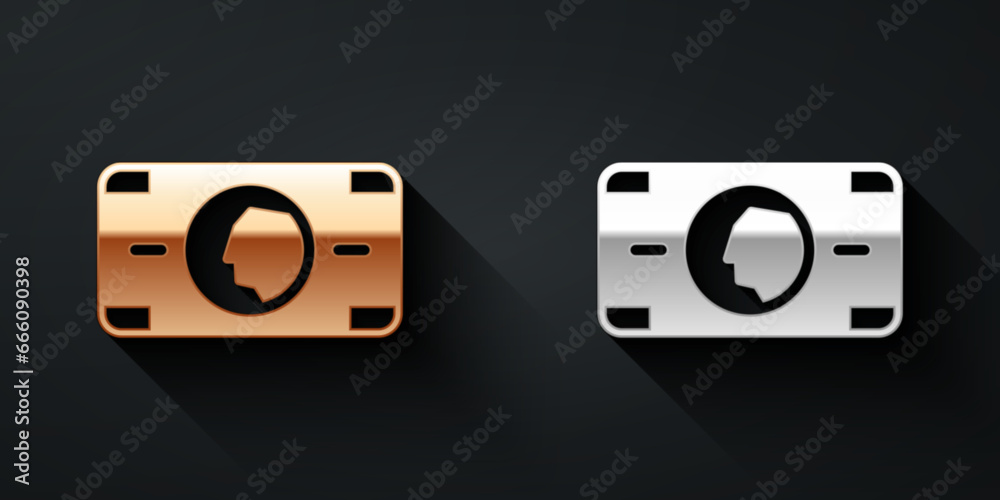 Gold and silver Stacks paper money cash icon isolated on black background. Money banknotes stacks. Bill currency. Long shadow style. Vector