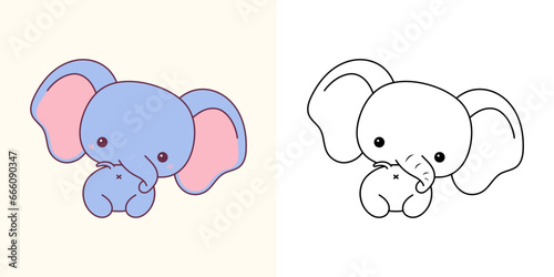 Cute Baby Elephant Clipart for Coloring Page and Illustration. Happy Clip Art Animal. Happy Vector Illustration of a Kawaii Baby Animal for Stickers, Baby Shower, Coloring Pages