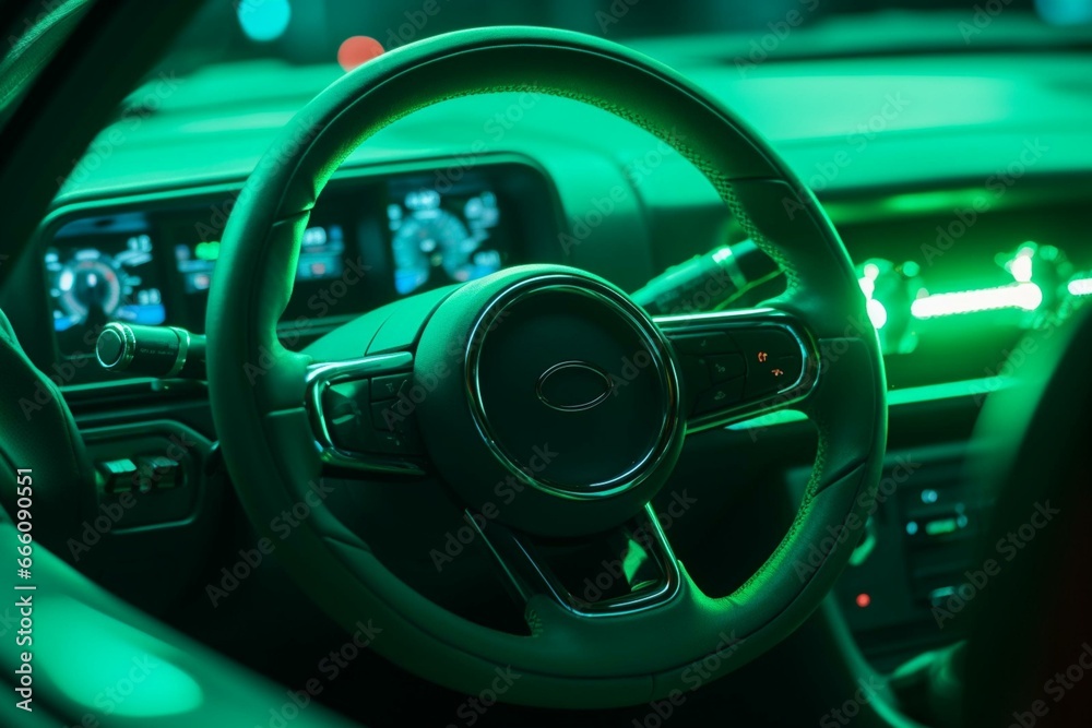 A green vehicle steering wheel amidst numerous others. Generative AI