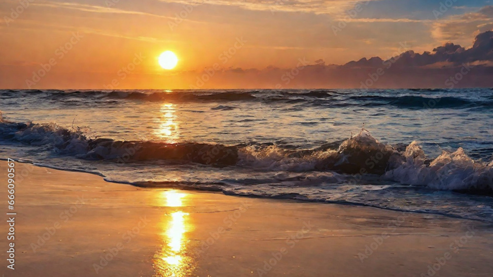 Fototapeta premium Experience the serenity showcasing a pristine beach, gentle waves, and a radiant sunset. The soothing sound of the ocean invites you to relax and unwind, Generative AI, Generative, AI