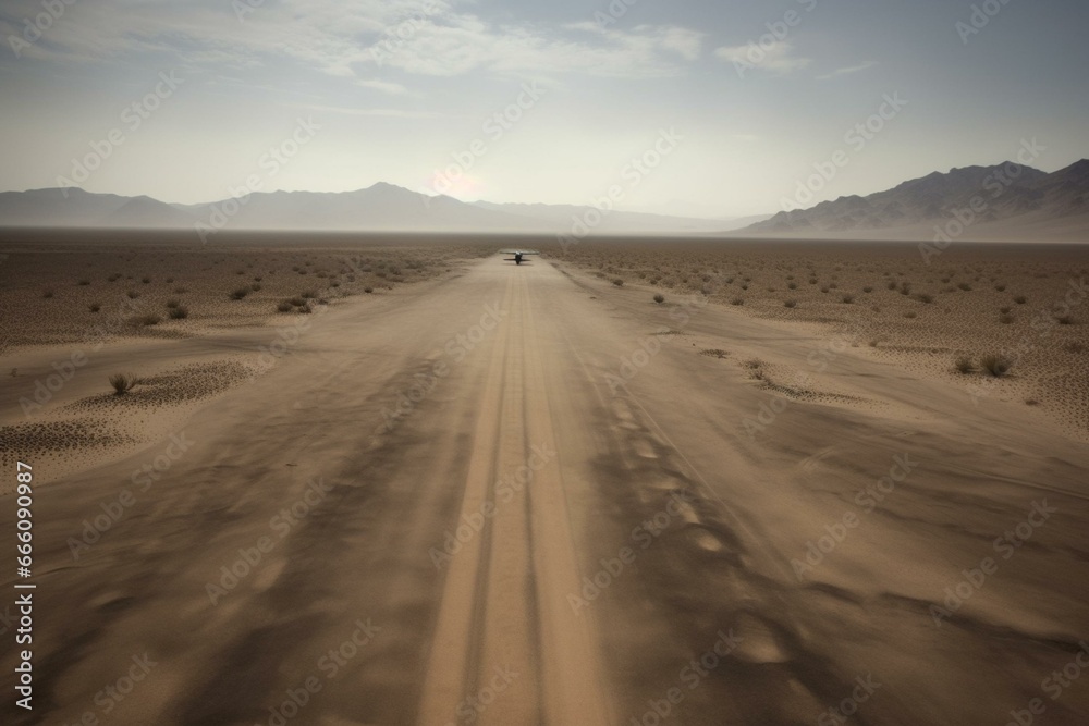 An aircraft soars above a landing strip in a desert. Generative AI