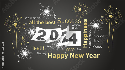 Happy New Year 2024 eve golden white word cloud text with 2024 calendar pages and light sparkle firework black background vector