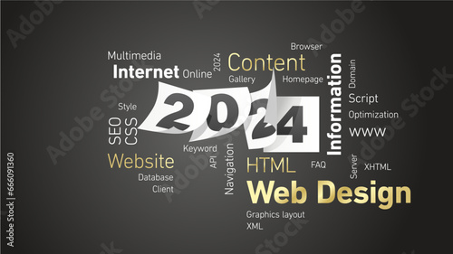 Web Design New Year 2024 shining golden white word cloud text with white calendar 2024 pages black board background
