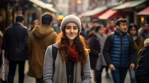 Portrait of beautiful young woman standing on city street among people