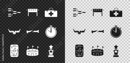 Set Championship tournament bracket, Hockey table, First aid kit, Planning strategy, stadium, Award cup, Ice hockey sticks and puck and Human broken bone icon. Vector